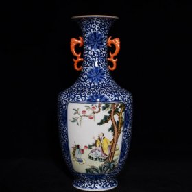 乾隆青花粉彩开窗人物故事纹双耳瓶，高34.5cm直径15.5cm
