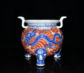 宣德青花矾红海水龙纹香炉【18x19.7cm】