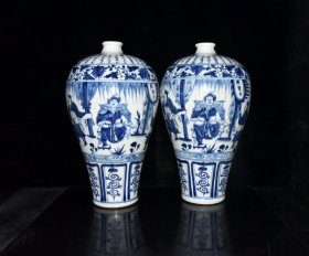 元代青花开片周亚夫人物故事梅瓶一对【 44.5x26cm 】