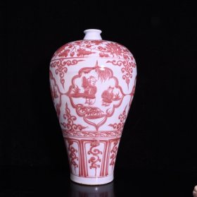 元白浒孤窑款釉里红四爱图纹梅瓶，高44×27厘米