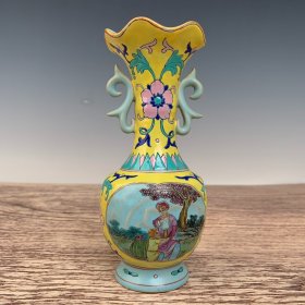 汝窑天青釉汝瓷粉彩西洋人物花瓶，高18.厘米，直径8厘米