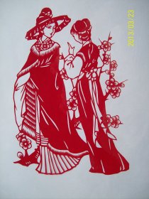 仕女剪纸 梅花仕女 西施赏梅 四大美女剪纸 纯手工制作 剪纸本身尺寸 27x20 cm 未装框 透明塑料纸袋包装 全新 无变色 送外国人特色礼品 民间艺术品 中国特色文化礼品