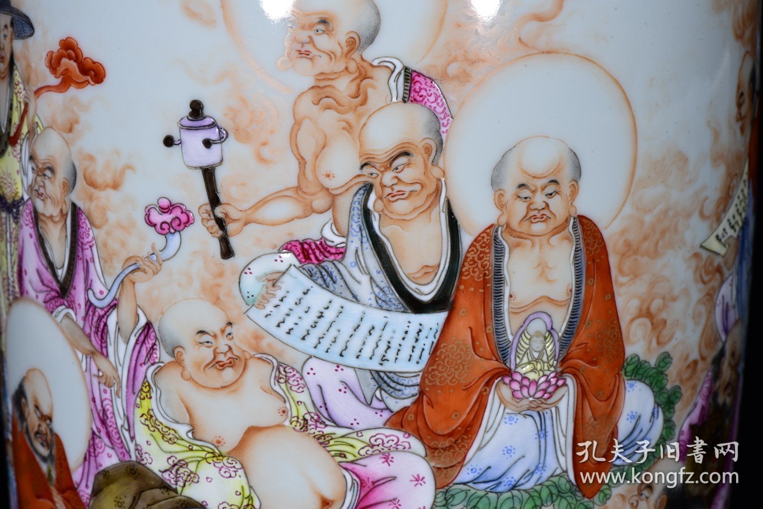 雍正年粉彩十八罗汉纹描金瓶34*18