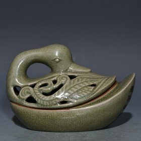 汝窑刻字天鹅香熏，高12cm直径18cm