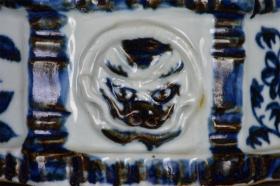 青花花卉纹浮雕兽首八棱洗 
规格：6x14x14厘米