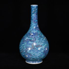 清雍正斗彩海水龙纹长颈瓶，40×21
