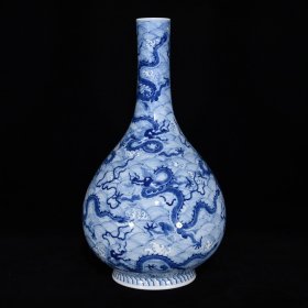 清雍正青花海水龙纹长颈瓶，38×22
