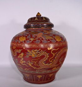 元代祭红釉沥粉描金龙洞纹盖罐，高40×34厘米