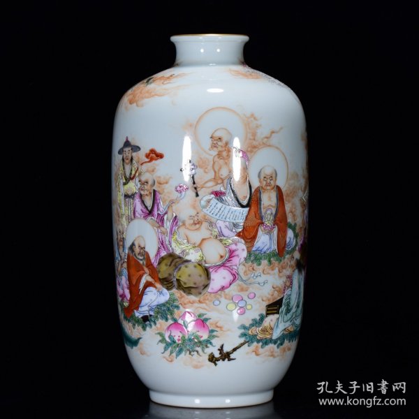 雍正年粉彩十八罗汉纹描金瓶34*18