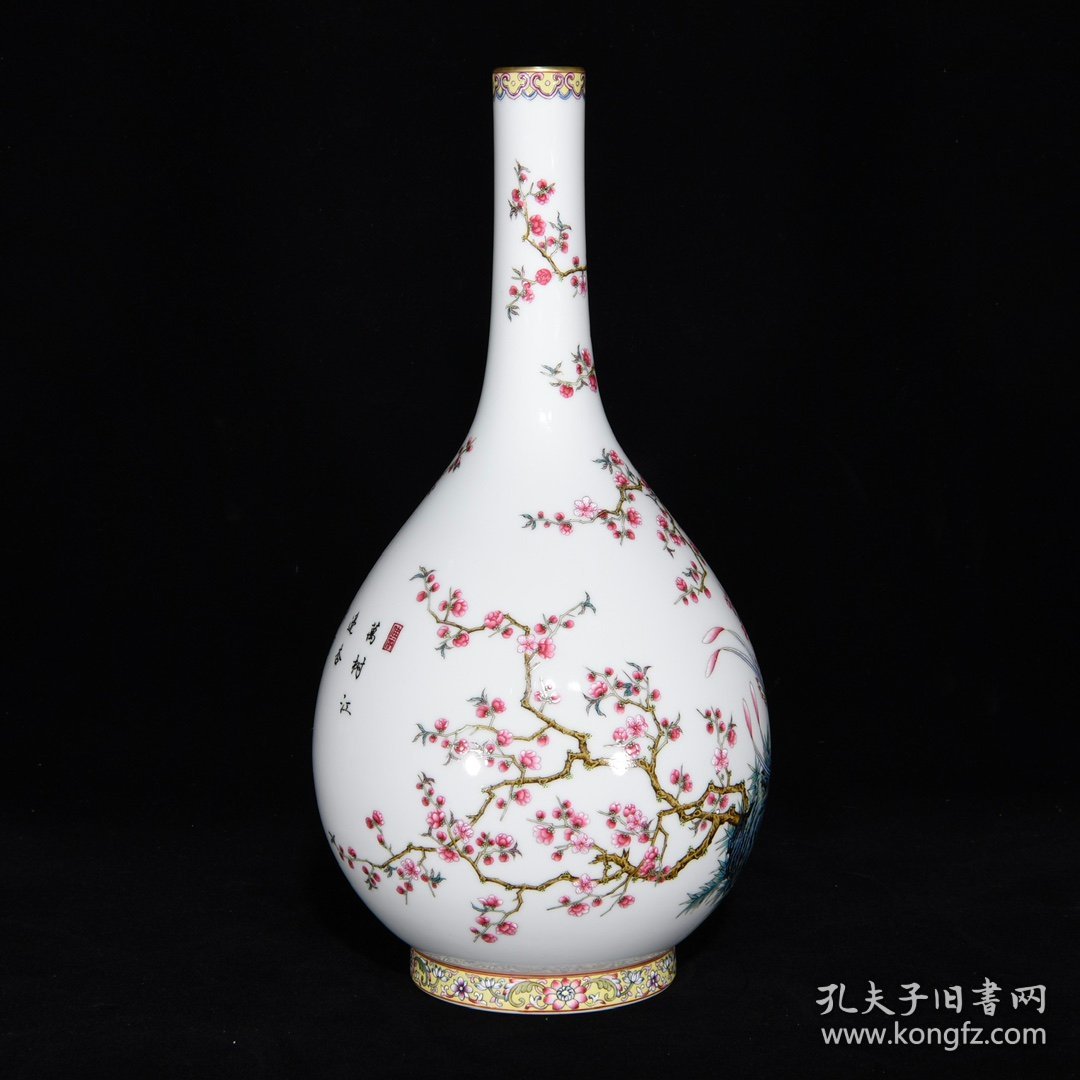 清雍正珐琅彩花鸟纹长颈瓶，34×18