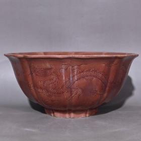 大明弘治紫金釉龙凤瓜棱碗(有一对)