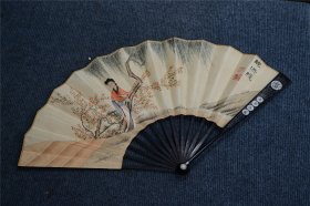 《珍品》老古玩古董收藏艺术品回流旧藏雅玩老檀木嵌银丝手工手绘仕女图折扇