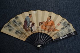 《珍品》老古玩古董收藏艺术品回流旧藏雅玩老檀木嵌银丝手工手绘深山访友折扇