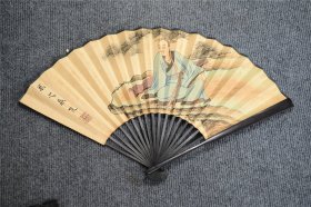 《珍品》老古玩古董收藏艺术品回流旧藏雅玩老檀木手工手绘携琴访友图诗文折扇