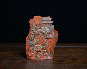 精品描金彩绘文房四宝墨块摆件 朱砂描金彩绘龙腾四海朱砂墨块摆件