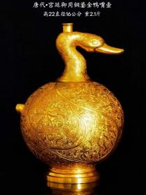 73_唐代·宫廷御用铜鎏金鸭嘴壶。通体满工錾刻精美图案，鎏纯金。高22直径16公分，重2.1斤。