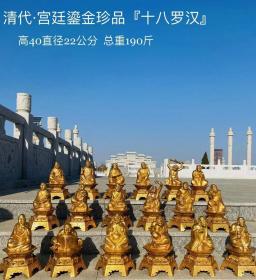 87_清代宫廷珍品铜鎏金『十八罗汉』。十八罗汉，造型各异。宫廷匠师精工錾刻浮雕而成，鎏纯金。保存完好。