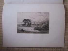 1883年原创蚀刻版画，35*25厘米，《泰晤士河畔马洛小镇的草地》。爱德华·帕克斯曼·布兰德(Edward Paxman Brandard 1819-1898年)作品