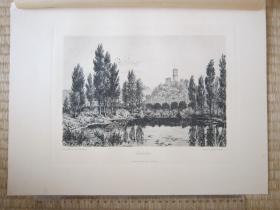 1898年原创蚀刻版画，39*29厘米，《戈德斯贝格的戈德斯堡》。曼弗雷德·柏杨纳德(Mannfeld·Bernhard 1848-1925)作品。