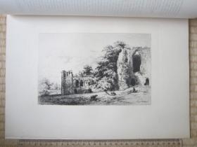 1882年原创蚀刻版画，35*25厘米，《约克郡伊斯比修道院遗迹》。阿尔弗雷德·布鲁内·德拜内斯（A. Brunet-Debaines 1845-1939)作品