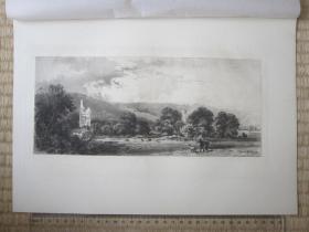 1882年原创蚀刻版画，35*25厘米，《约克郡比兰德修道院遗迹》。阿尔弗雷德·布鲁内·德拜内斯（A. Brunet-Debaines 1845-1939)作品
