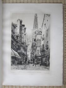 1886年原创蚀刻版画，31.5*25厘米，《卡伦德之门和杂货店的街道》。阿尔弗雷德·布鲁内·德拜内斯（A. Brunet-Debaines 1845-1939)作品