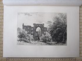 1882年原创蚀刻版画，35*25厘米，《约克郡里沃修道院》。阿尔弗雷德·布鲁内·德拜内斯（A. Brunet-Debaines 1845-1939)作品