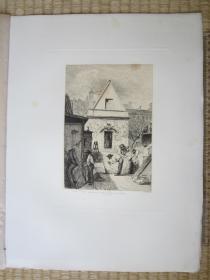 1860年原创蚀刻版画，38*29厘米，《老卡梅利特修道院的亭子，巴黎恩费尔街》。利奥波德·弗拉芒（Léopold Flameng 1831-1911）作品， Charles Coligny 配文