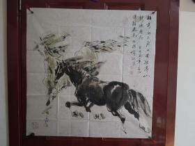 张乐毅-相看两不厌 只有敬亭山 双马  精品国画1张（宣纸，软片，画心尺寸：69*69cm）作品终身保真【货号：西4-104】详见书影，实物拍照