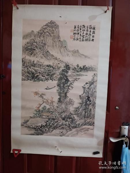 谢富强-小溪荡轻舟..... 精品山水作品1张（原装旧精裱绫裱。画心尺寸69*45cm）作品终生保真【货号：W28】详见书影，实物拍照