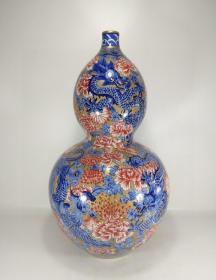 大清乾隆年制 青花鎏金加彩龙凤纹葫芦瓶 高48厘米 直径28厘米