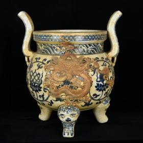 明宣德青花缠枝托八宝镶铜鎏金龙纹香炉 高38cm 直径35cm