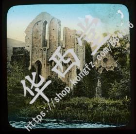 彩色玻璃幻灯片2件 河边教堂废墟 石头小桥