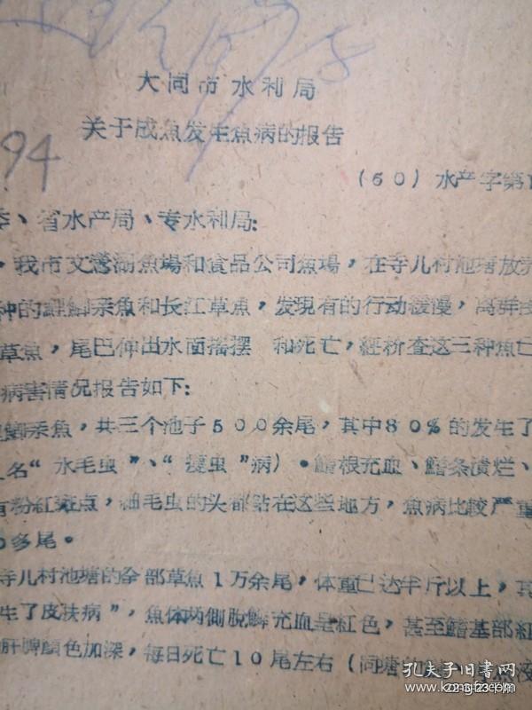 大同市水利局关于成鱼发生鱼病的报告