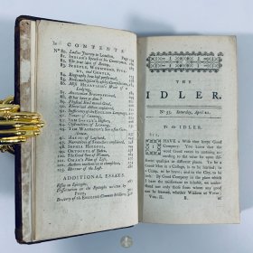 1783年英国伦敦《闲人》The Idler，第四版，第二卷，英文原版，棕色真皮精装，英国历史上最有名的文人约翰逊博士（Samuel Johnson）散文集，内收文章100余篇（两卷本），此版附增补论文