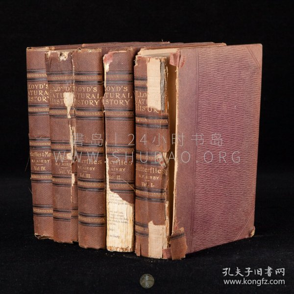 1896-1897年英国伦敦《鳞翅目昆虫图鉴》A Hand-book to the Order Lepidoptera，五卷全，英文原版，布面精装，英国昆虫学家威廉·柯比（William Forsell Kirby）著，记述蝴蝶和飞蛾的详细分类并描述及地理分布等内容，是鳞翅目昆虫重要研究，内收平版彩色插图150余幅，系出版商发行的《Lloyd's Natural History Series》系列