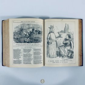 1851-1853年英国伦敦《笨拙杂志》Punch, or The London Charivari，第21卷至第24卷，英文原版，红色皮脊拼绿色漆布精装，英国剧作家亨利·梅修（Henry Mayhew）和木刻家埃比尼泽·兰德尔斯（Ebenezer Landells）联合创办，1850年英国插画家约翰·坦尼尔（John Tenniel）担任该杂志的首席漫画艺术家，内收大量讽刺漫画插图