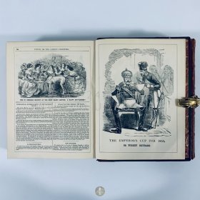 1851-1853年英国伦敦《笨拙杂志》Punch, or The London Charivari，第21卷至第24卷，英文原版，红色皮脊拼绿色漆布精装，英国剧作家亨利·梅修（Henry Mayhew）和木刻家埃比尼泽·兰德尔斯（Ebenezer Landells）联合创办，1850年英国插画家约翰·坦尼尔（John Tenniel）担任该杂志的首席漫画艺术家，内收大量讽刺漫画插图