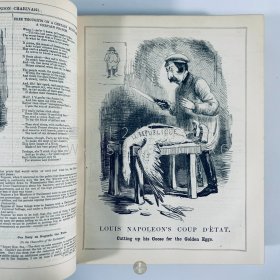 1851-1853年英国伦敦《笨拙杂志》Punch, or The London Charivari，第21卷至第24卷，英文原版，红色皮脊拼绿色漆布精装，英国剧作家亨利·梅修（Henry Mayhew）和木刻家埃比尼泽·兰德尔斯（Ebenezer Landells）联合创办，1850年英国插画家约翰·坦尼尔（John Tenniel）担任该杂志的首席漫画艺术家，内收大量讽刺漫画插图