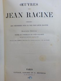 1876年《让·拉辛戏剧作品集》Oeuvres de Jean Racine，法文原版，宝蓝色真皮拼彩画纸精装，法国剧作家让·拉辛（Jean Racine）著作，被誉为17世纪最伟大的剧作家，内收剧作人物版画20幅