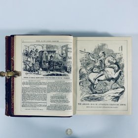 1851-1853年英国伦敦《笨拙杂志》Punch, or The London Charivari，第21卷至第24卷，英文原版，红色皮脊拼绿色漆布精装，英国剧作家亨利·梅修（Henry Mayhew）和木刻家埃比尼泽·兰德尔斯（Ebenezer Landells）联合创办，1850年英国插画家约翰·坦尼尔（John Tenniel）担任该杂志的首席漫画艺术家，内收大量讽刺漫画插图