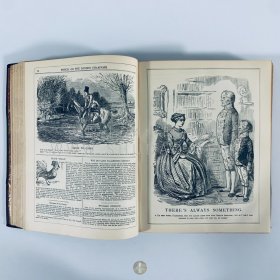 1851-1853年英国伦敦《笨拙杂志》Punch, or The London Charivari，第21卷至第24卷，英文原版，红色皮脊拼绿色漆布精装，英国剧作家亨利·梅修（Henry Mayhew）和木刻家埃比尼泽·兰德尔斯（Ebenezer Landells）联合创办，1850年英国插画家约翰·坦尼尔（John Tenniel）担任该杂志的首席漫画艺术家，内收大量讽刺漫画插图