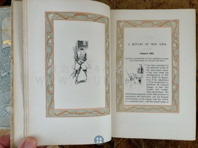 1894年《纽约外史》Knickerbocker's History of New York，英文原版，奶油色漆布精装，烫金纹饰并蓝色图案，美国文学之父华盛顿·欧文（Washington Irving）著作，描写纽约市历史的讽刺性著作，具有独特风格的诙谐，内收美国插画家肯布尔（EW Kemble）绘制的大量插图