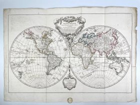 1816年法国巴黎《世界地图》Mappe-monde，法国著名制图师罗伯特·德·沃贡迪（Robert de Vaugondy）据天文观测绘制，亦依据英国皇家海军上校詹姆斯·库克（Captain James Cook）的三次航海发现更新修订，系据原作铜版印刷（地图边缘为手工上色）