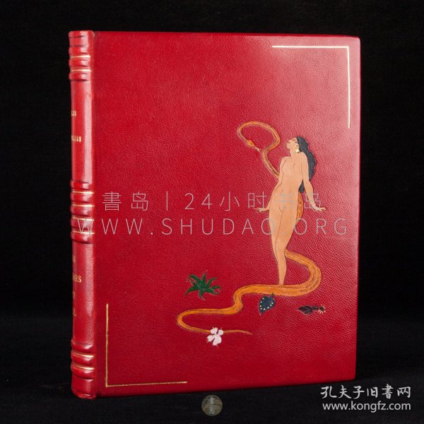 限量编号本！1949年法国巴黎《恶之花》Les fleurs du mal，法文原版，红色摩洛哥全皮精装，封面为拼皮（镶嵌艺术）装饰，法国象征派诗歌先驱夏尔·波德莱尔（Charles Pierre Baudelaire）诗集，被誉为19世纪最伟大的诗人，内收法国画家/雕刻家 Paul Lemagny 绘制文章插图及整页蚀刻版画160余幅，限量650套之第579号，为 Raoul Gros 印制