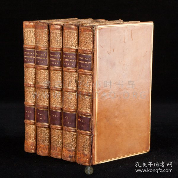 1822年英国伦敦《坎特伯雷故事集》The Canterbury Tales of Chaucer，五卷全，英文原版，小牛皮精装，书脊烫金，英国诗歌之父、英国中世纪英国文学之父杰弗里·乔叟（Geoffrey Chaucer）诗体短篇小说集，英国古典学者 Thomas Tyrwhitt 注释并附术语表，首卷前收肖像版画1幅，扉页贴有藏书票