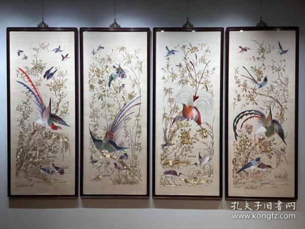 晚清民国 精品花鸟粤绣四条屏