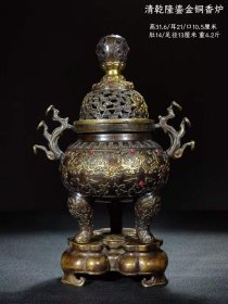 326_清代铜鎏金香炉·镶嵌宝石铜香炉，福寿如意铜熏香炉，三段分体铸造，带底座，周身镶嵌宝石