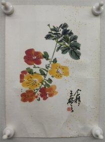 八十年代，上海朵云轩木版水印，王个簃花鸟小品《凌霄花》