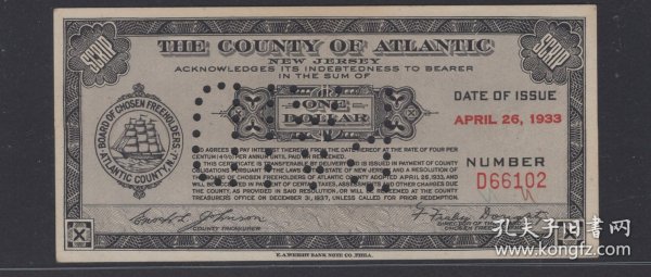 1933年 美国大萧条时期 政府代金券 壹圆/1元 纸币 PCGS评级55PPQ
